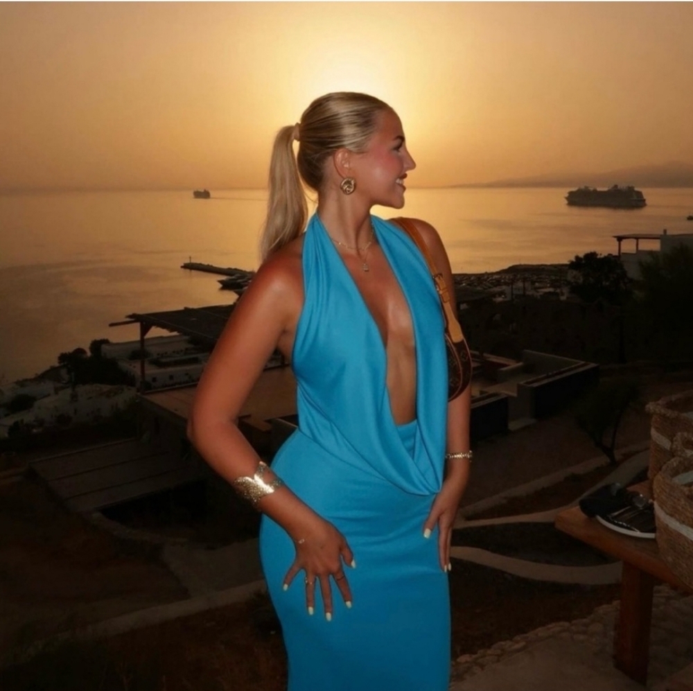 Zara Long Draped Halter Dress Cowl Neckline Electric Blue in small